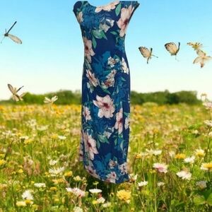Floral dress By SPENSE body con size Med floral blue pink nice artwork stretchy